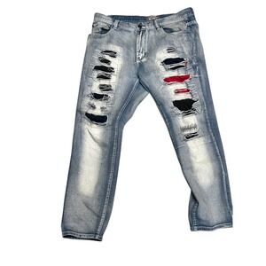 Bleecker Mercer Mens Distressed Blue Denim Jeans Patchwork Red‎ Black Size 38x31